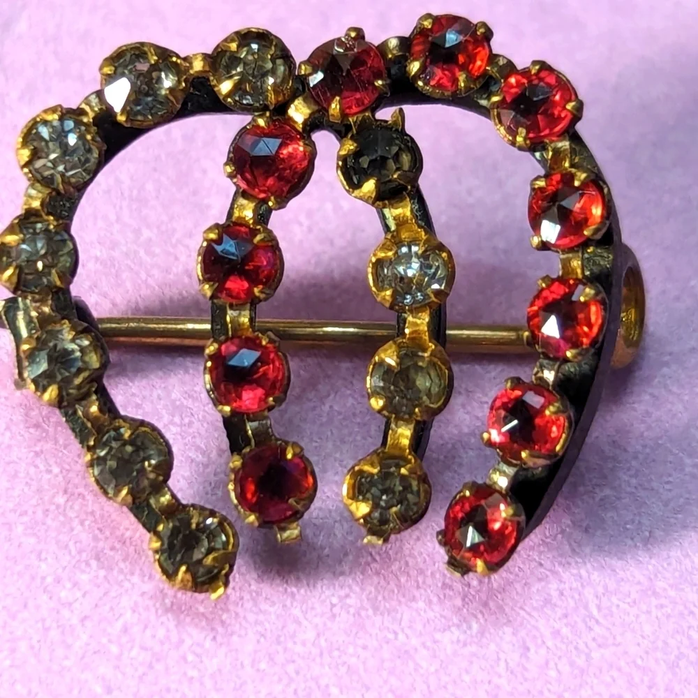 Vintage Gold and Black Brooch Red Clear Rhinestones horseshoe equestrian